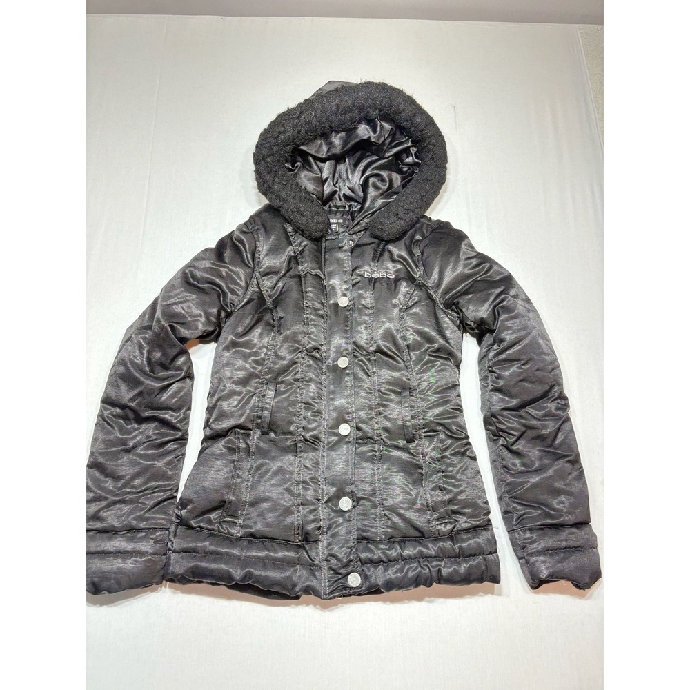 Bebe Womens Black Satin Puffer Jacket Faux Fur Trim Hooded Quilted Coat Small